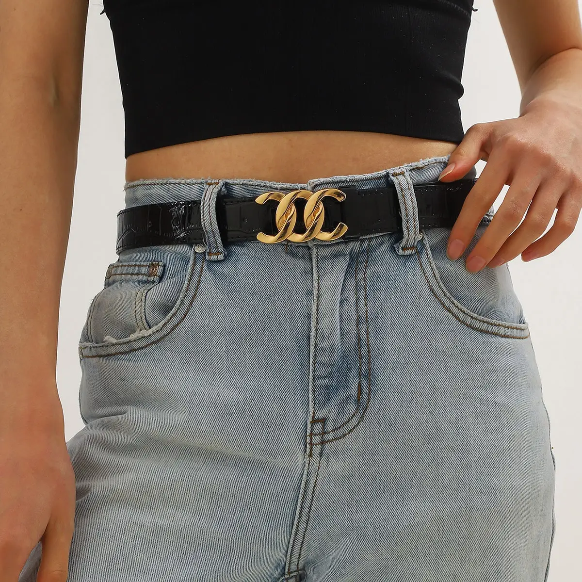 Women Black Leather Strap Casual Triple O-ring Pin Buckle Lychee Pattern Leather Belt For Jeans Designer High Quality Women Belt