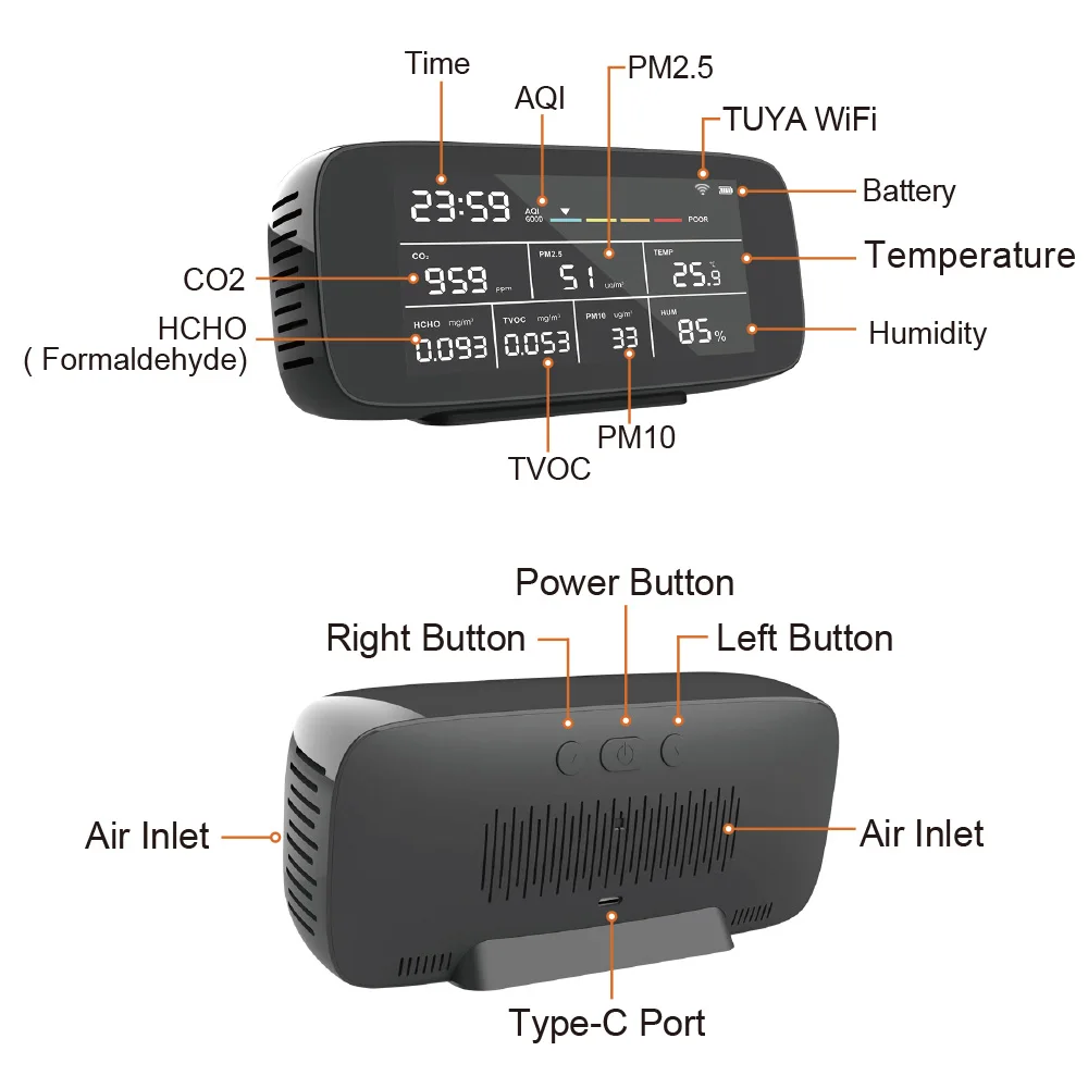 Ten-in-One High Quality Indoor Air Quality Monitor Hot Selling LCD Display Family-Friendly Gas Analyzers Detector