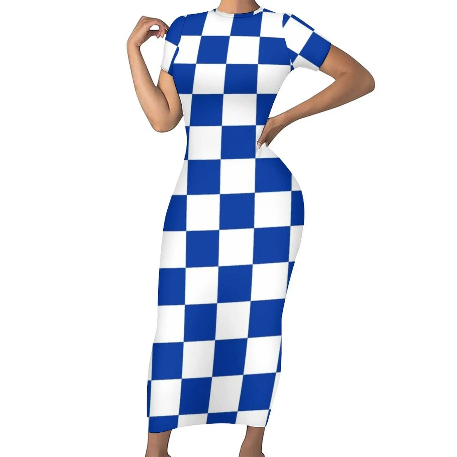 Blue And White Checkerboard Dress Short Sleeve Vintage Checker Print Elegant Maxi Dresses Street Fashion Custom Bodycon Dress