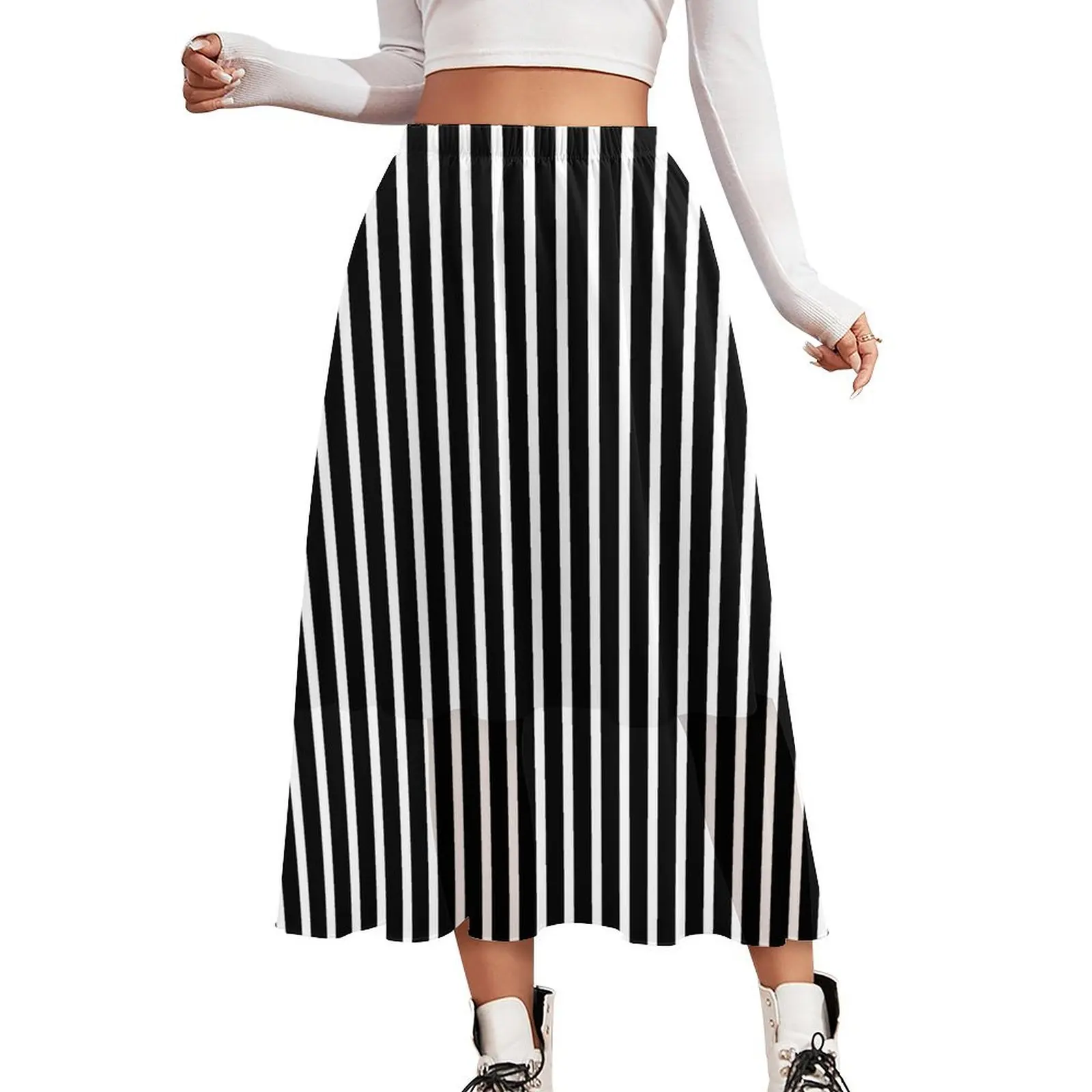 White Striped Chiffon Skirt Abstract Art Print Korean Fashion Casual Skirts Women Modern A-line Skirt Bottoms Birthday Gift