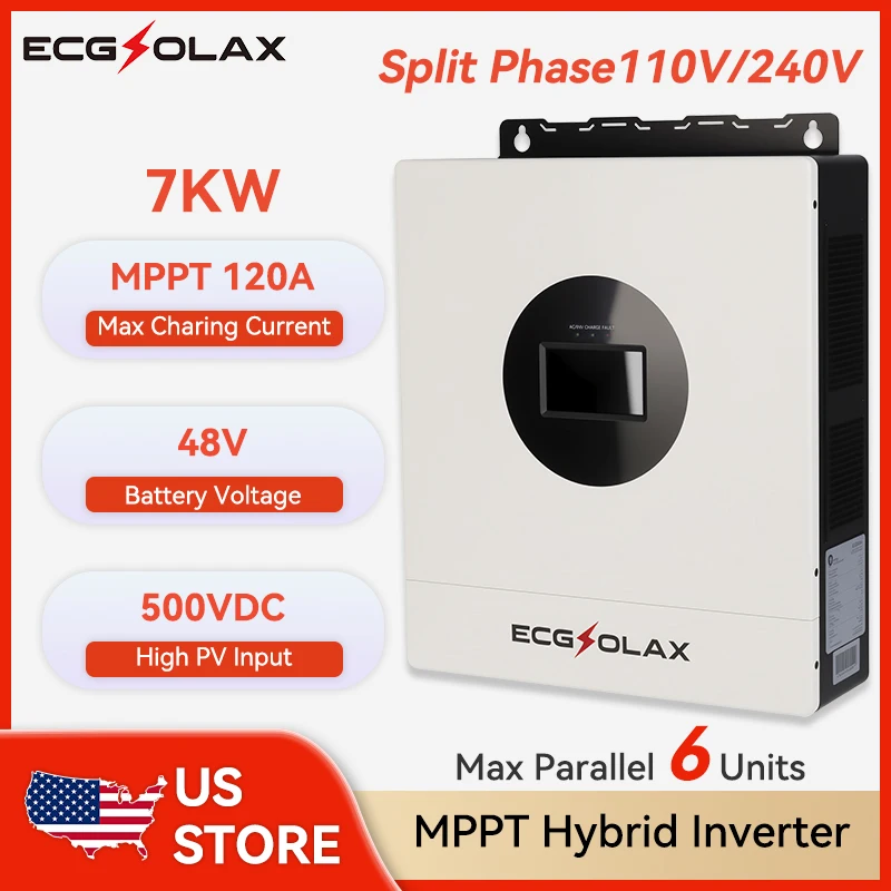 ECGSOLAX 7KW Hybrid Solar Inverter 48V 110V 240V Split Phase Pure Sine Wave Inverter With MPPT 120A Solar Charger Max PV 500VDC