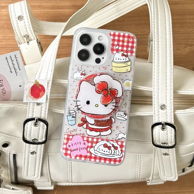 

Pink lattice Cute chef Hello Kitty Cat Magsafe Wireless Charge Case For iPhone 13 14 15 16 Pro Max Bow KT rotate Magnetic Holder