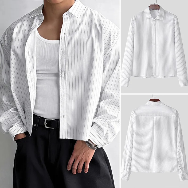 WVGA Spring Autumn New Men Tide Turn-Down Collar Long Sleeved Striped Trendy Shirts Niche Chic Casual Tops Streetwear Ins W16685