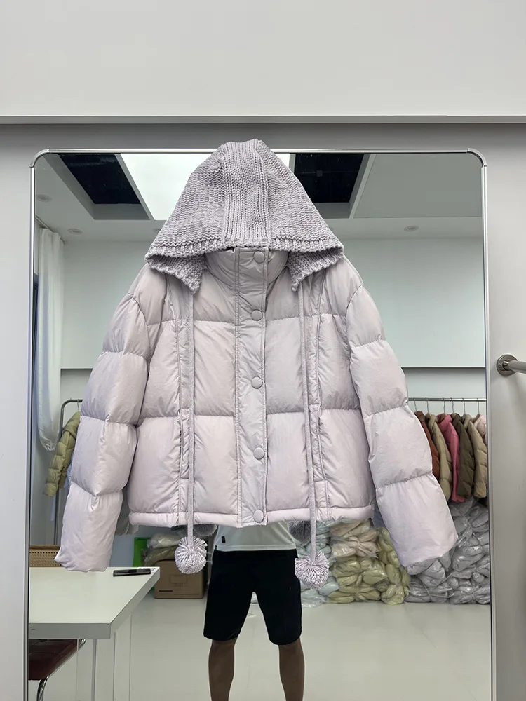 Knitted hooded patchwork detachable knitted hat down jacket women short style fashion white duck down jacket trendy