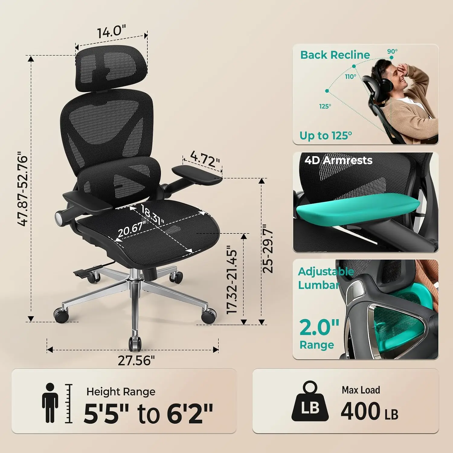 Ergonomic Mesh Office Chair, Adjustable Lumbar High Back Desk Chair 400lbs, 4D Flip-up Arms, 3 Tilt Backrest, 3D Headrest