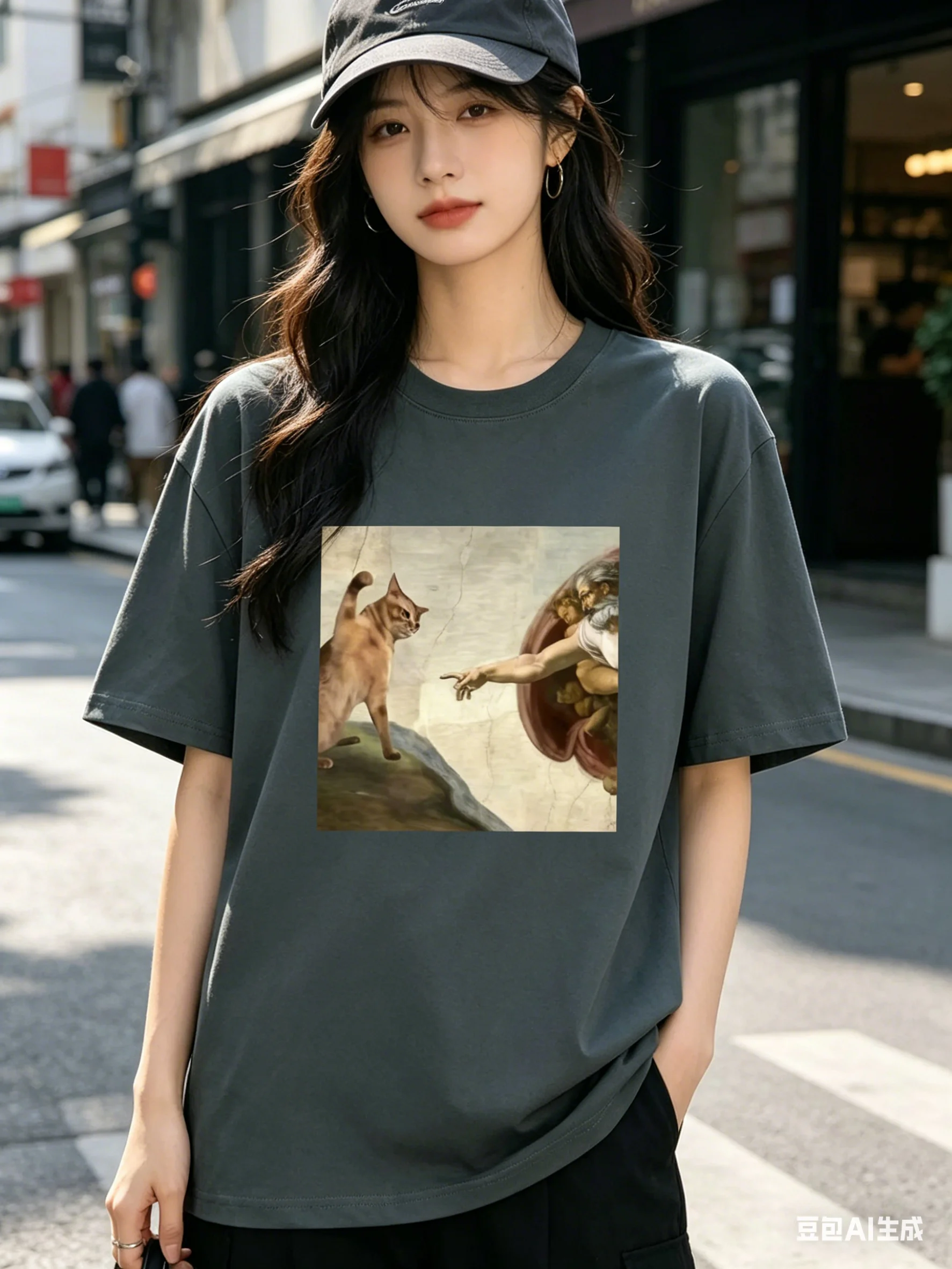 Humorous Cat and Adam Creation Parody Graphic T-Shirt Regular Fit Short Sleeve Pullover for Adult - Summer Casual Fashion Top