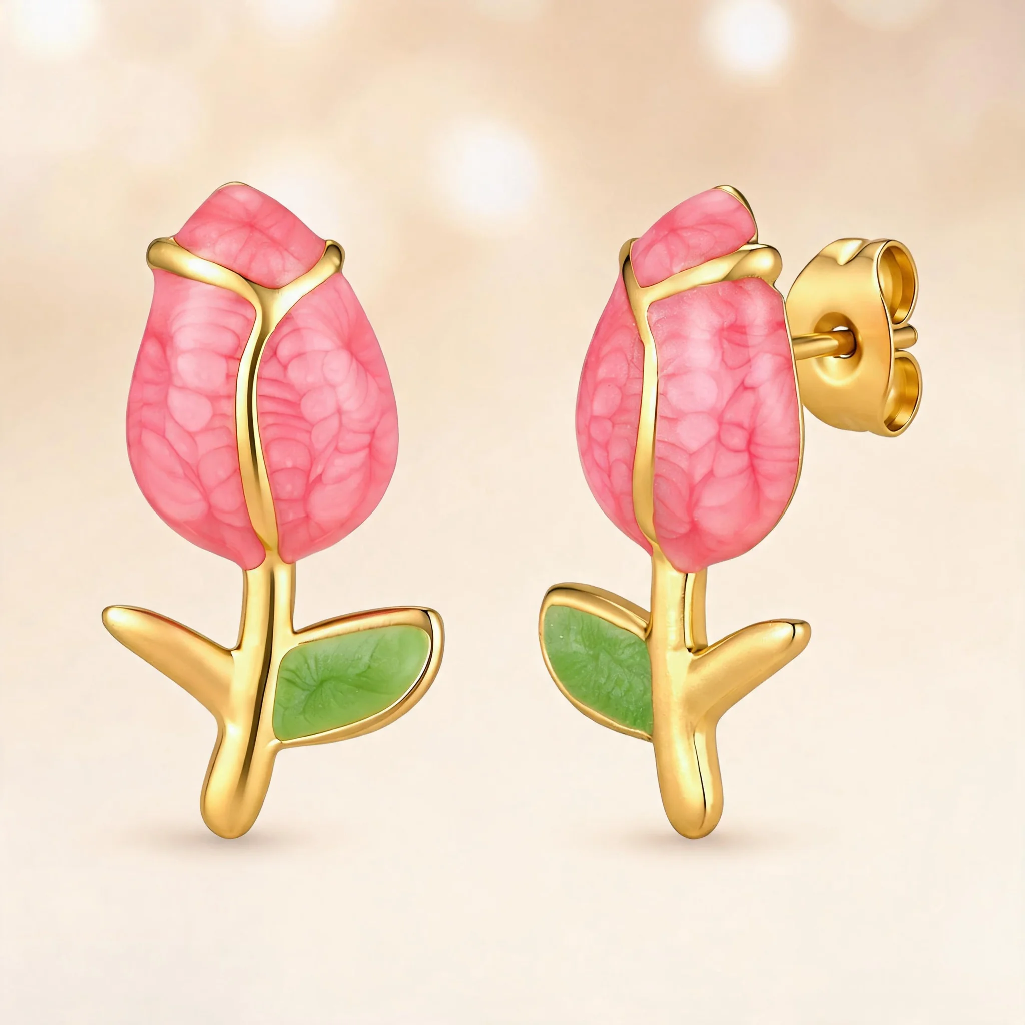 Boucles d'oreilles clous fleur tulipe rose plaqué or, émail texturé feuille verte, pour femme, bijoux d'oreille floraux doux pour le quotidien, cadeau