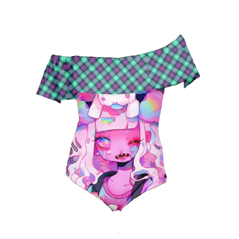 Funny Anime Women's Off Shoulder One Piece Swimsuits Harajuku Kawaii Swimwear Flounce Ruffled Bathing Suit Sexy Backless Bikini