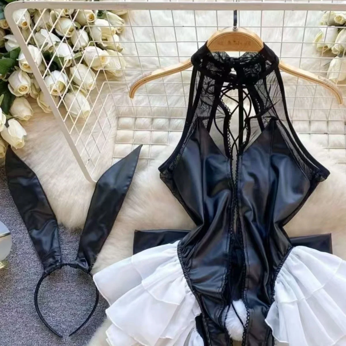 Bunny Gioco di ruolo Indumenti da notte da donna Abbigliamento segreto da donna Halter Patchwork Body Lingerie erotica Sexy Tutina nera Bodycone