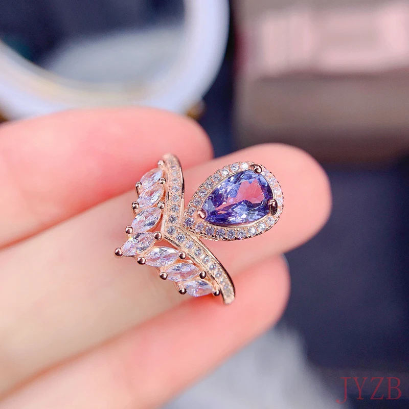 

New women's natural tanzanite ring 925 silver luxurious atmosphere fashion trend women's ring 6x8MM