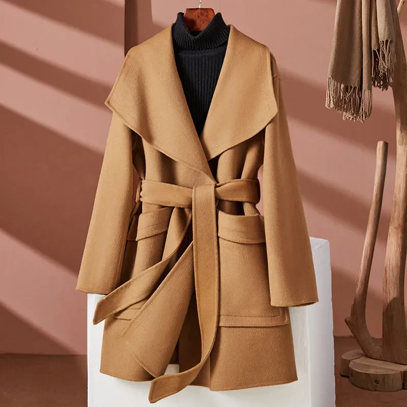 2025 Autumn Winter New Wool Woolen Coat Women Suit Wool Overcoat Double-faced Cashmere Jackets Navy Collar Belt Outerwear