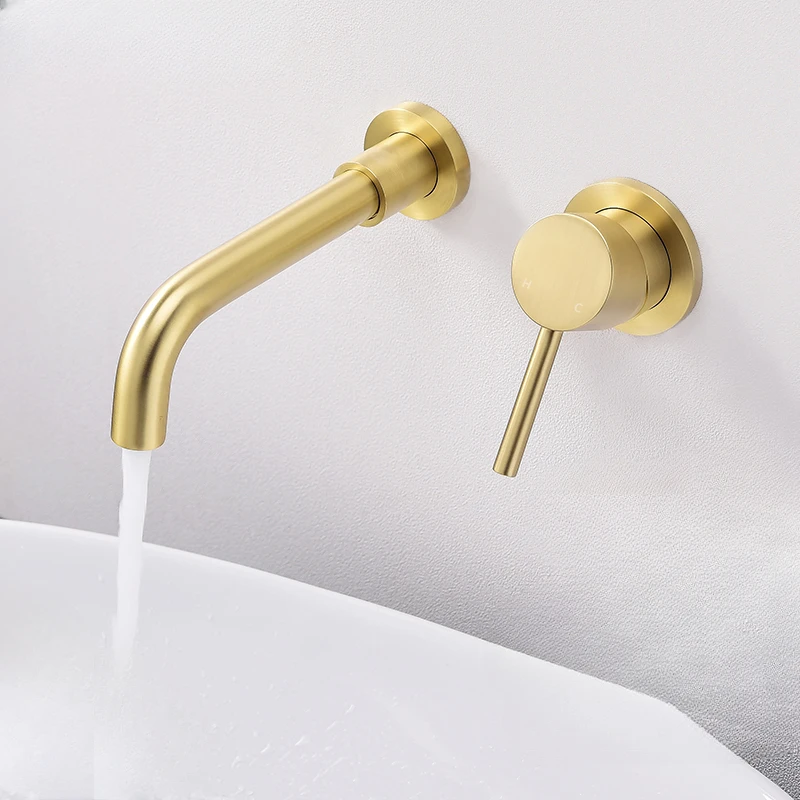 

Light luxury brushed gold basin faucet with wall mounted cold and hot concealed wall outlet rotating water