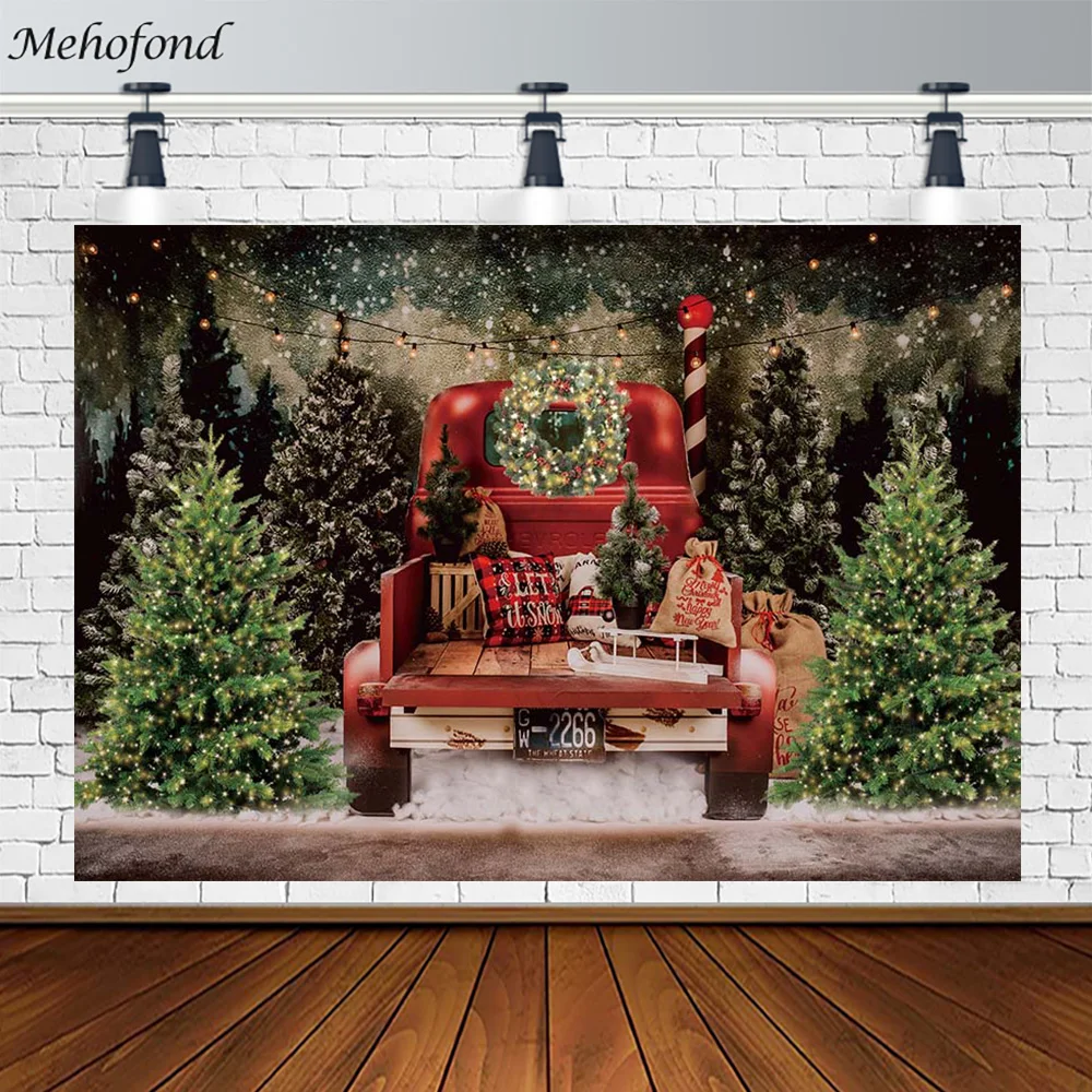 

Mehofond Xmas Backdrop Children Portrait Photoshoot Red Car Christmas Tree Snowy Photo Studio Decoration Photography Background