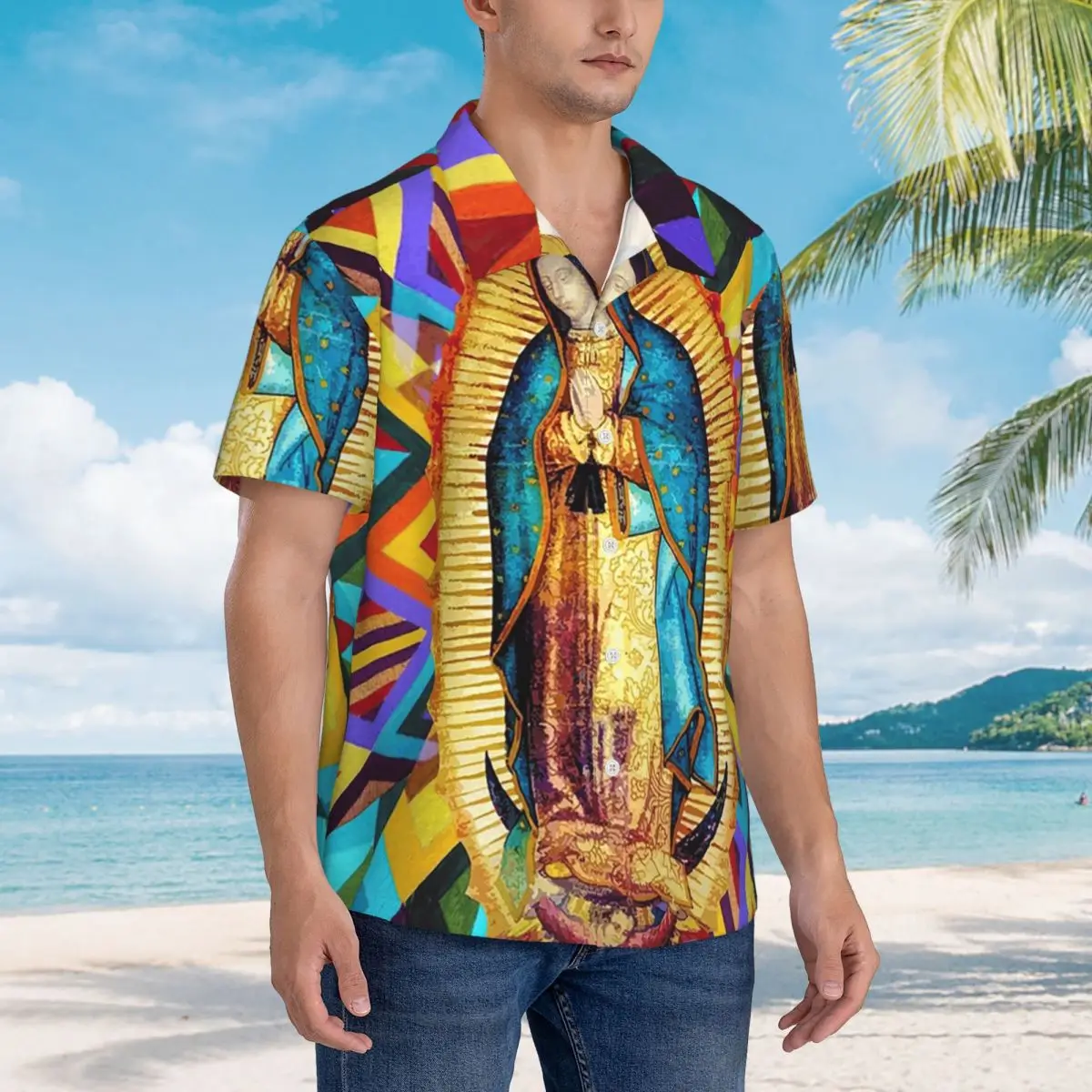 

Our Lady Of Guadalupe Virgin Mary Mexican Hawaiian Shirts Funny Men Short Sleeve Shirt for Summer Beach Men's Lapel Tops