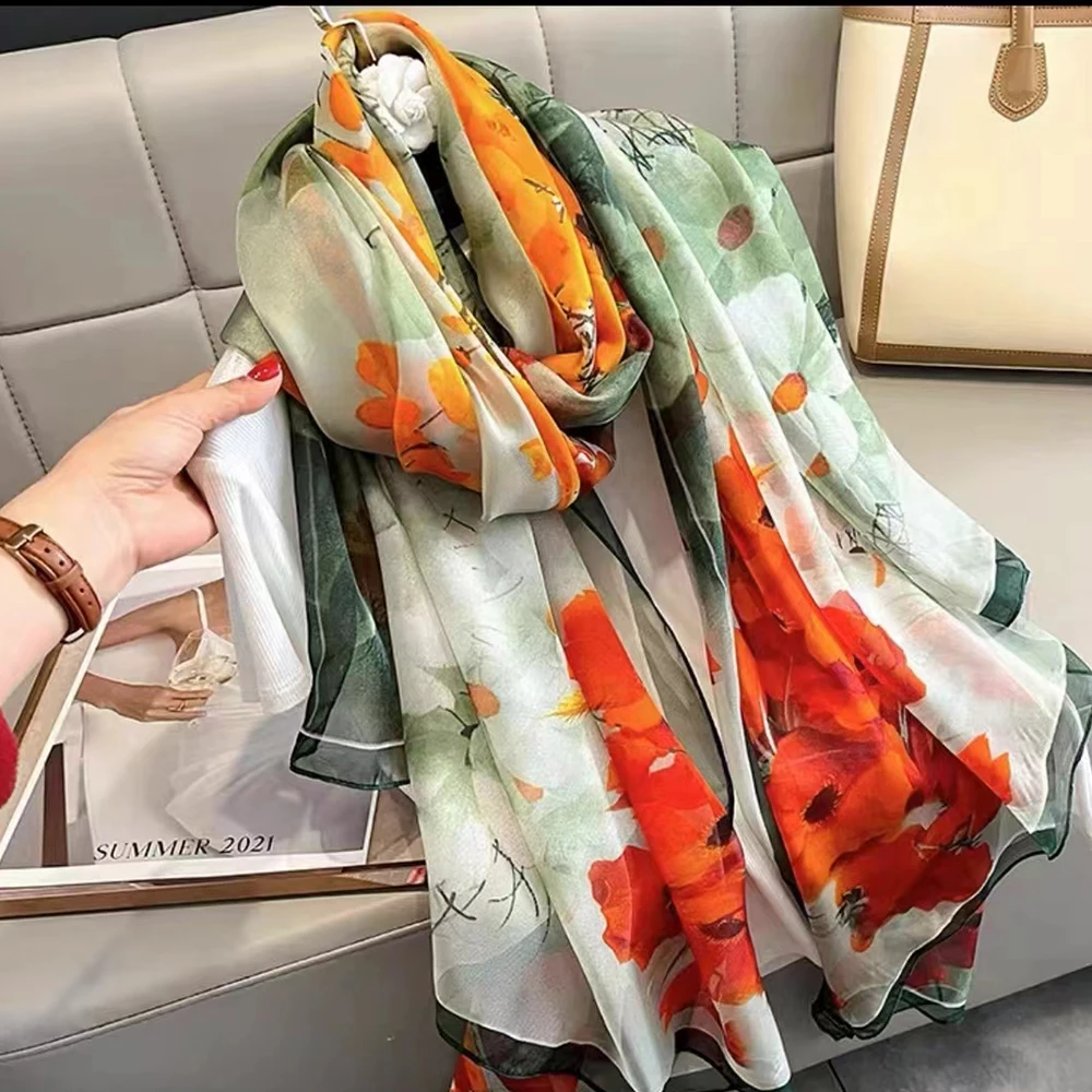 Green Red Women Natural Silk Scarf Shawl Printed Fashion Luxury 100% Pure Silk Long Scarves Elegant Floral Silk Neck Scarf Cape