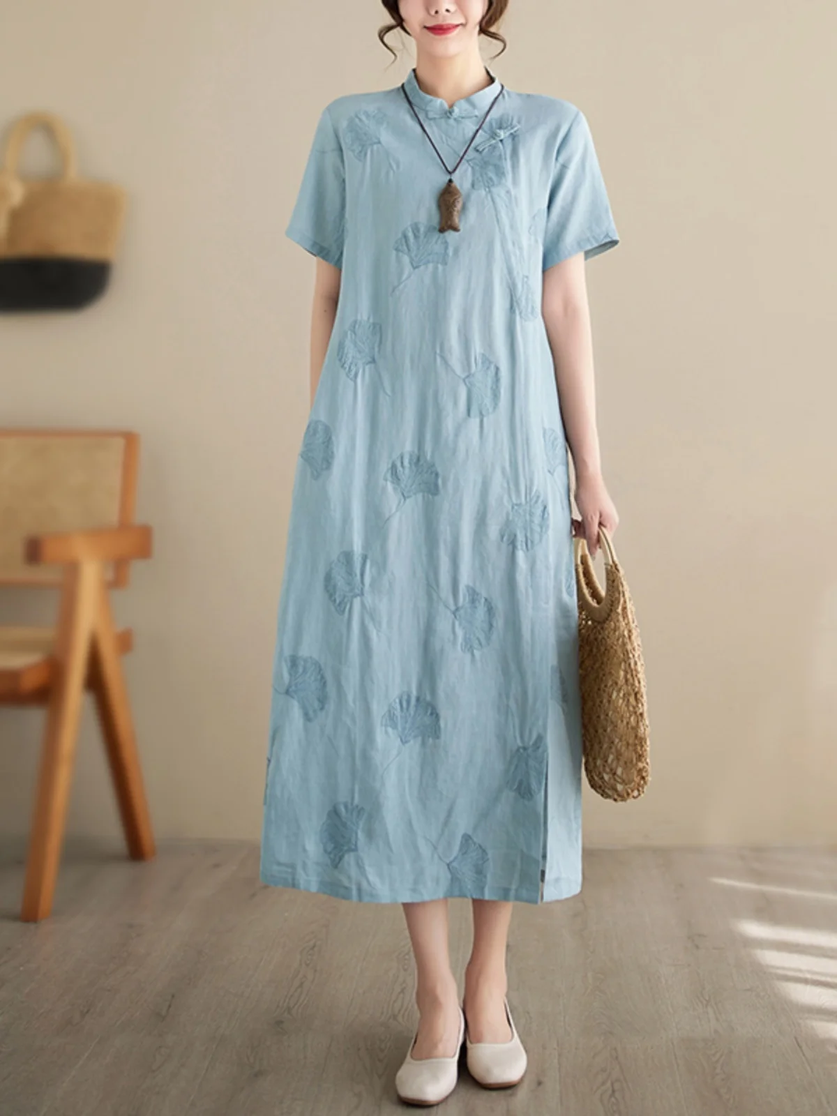 Ele Embroidered Cotton Linen ort Sve Qipao Dr Summer Vintage Side Buttoned Long Skirt Chinese Sle Loose Waist