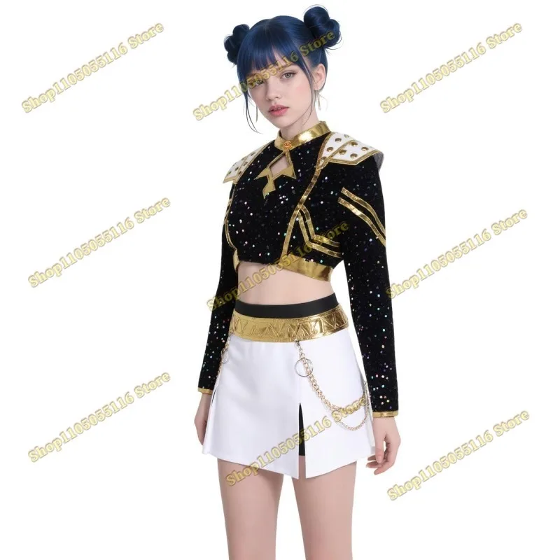2025 Huntrix Kpop Demon Hunters Mira Cosplay Costume Wig Gold Stage Rumi Zoey Performance Costume Uniform Shiny Roleplay Outfit
