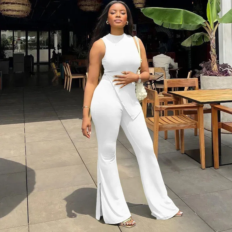 

GUWU Soild Basic Casual Street Two Piece Sets Women Irregular Sleeveless Top and Split Flare Pants Matching Sets Elegant Outfits