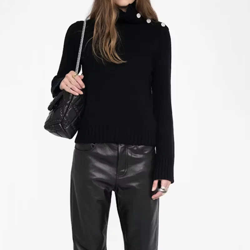 

Female Black Turtleneck Pullover Diamond Button Cashmere Sweater Women Burgundy Solid Jumpers White Winter Tops Lady Sweaters