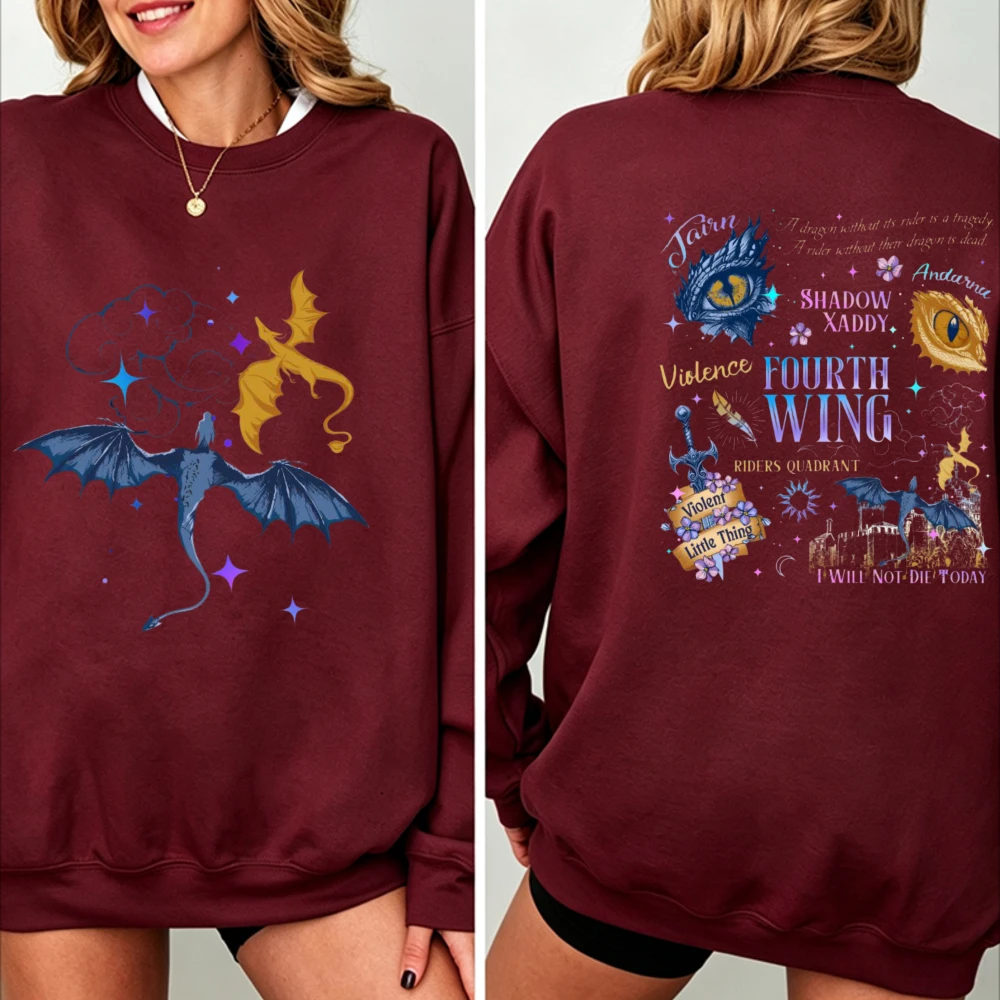 Unisex Fantasy Dragon Rider Sweatshirt Pullover Oversized Crewneck Black Wings Golden Dragon Bookish Romantasy Hoodies Women