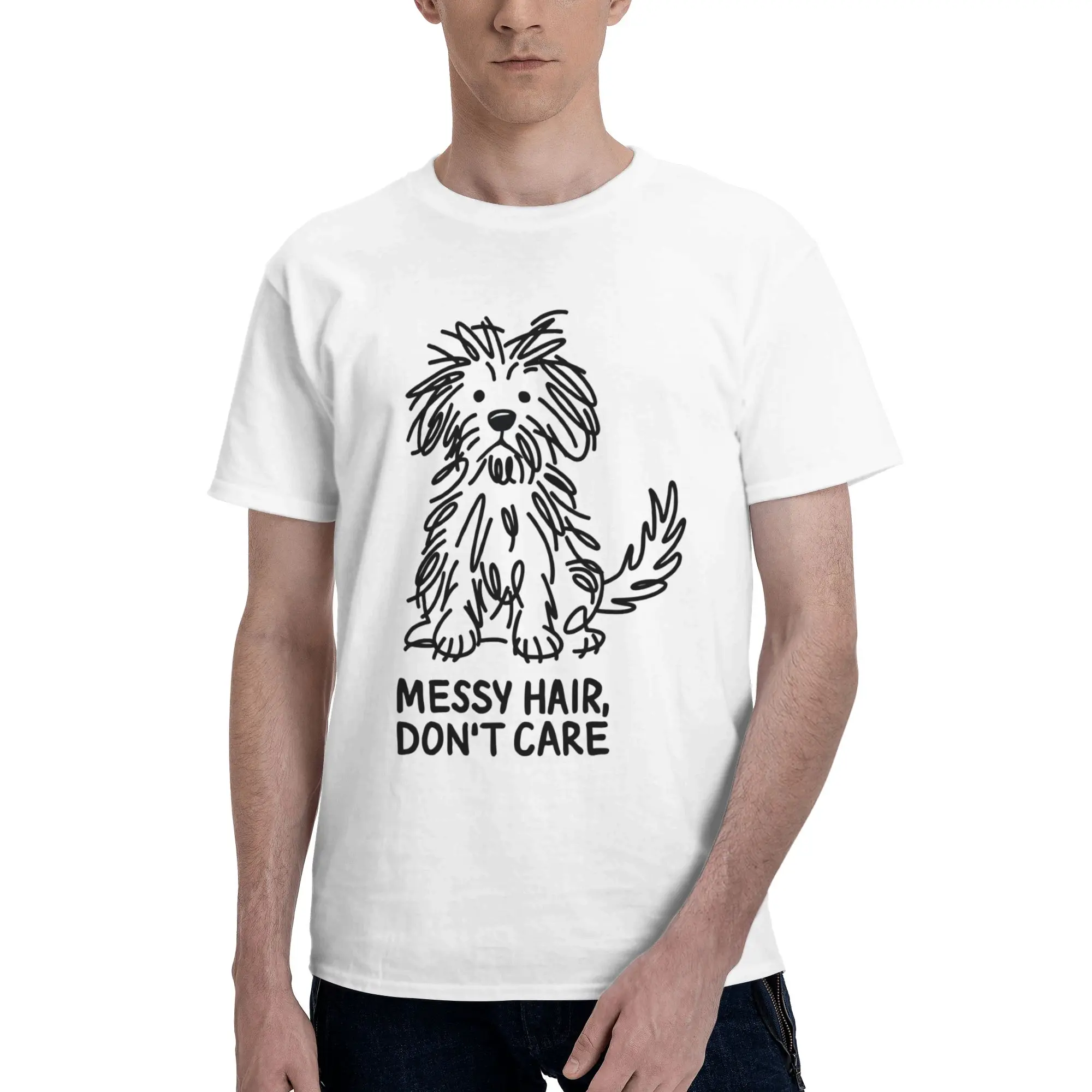 Dog Lover art   Men's T Shirts Messy hair don’t care dog Fashion Tee Shirt Short Sleeve Crew Neck Graphic Tops T-Shirt