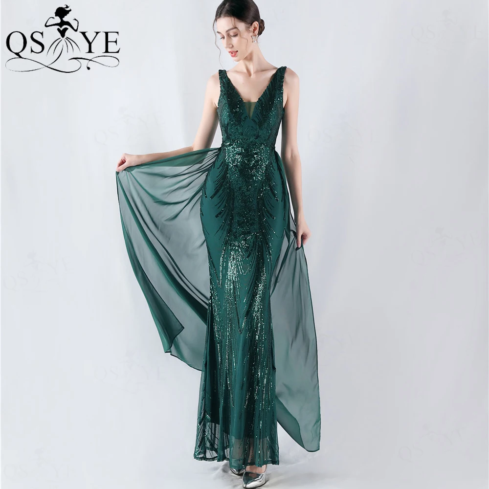 2 in 1 Green Evening Dresses V Neck Sequin Lace Mermaid Formal Dress Pattern Lace Back Chiffon Shawl Emerald Lace Prom Dress