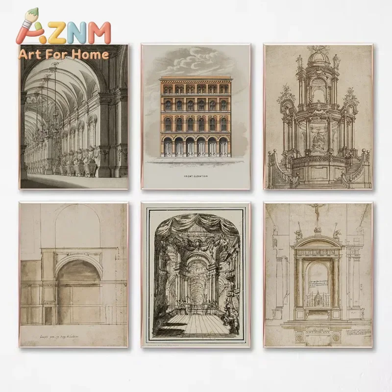 Vintage Drawing Sketch Geometric Architecture Church Dome Aesthetic Canvas Poster Wall Art Pictures Home Interior Decor