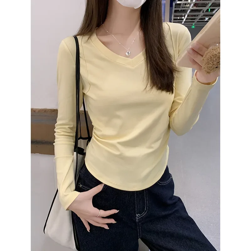 Irregular Shoulder Straightening V-neck Long Sleeve T-shirt Women's Autumn Folding Waist Unique and Beautiful Bottom Shirt