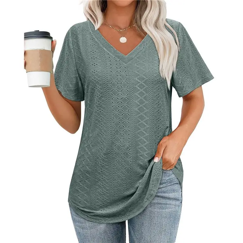 CYL-T-shirt da donna con scollo a V, maniche corte, top casual, vestibilità ampia, magliette basic con orlo curvo