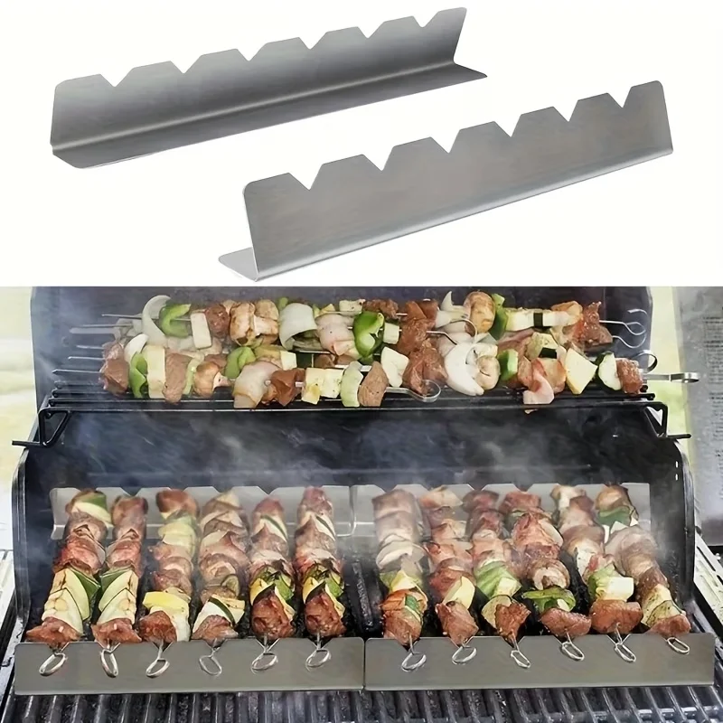 2 Pcs Grill Rack & Plate Set, 6/9 Slot Stainless Steel Skewer Holder, Multi-Functional Anti-Warp BBQ Stand for Kitchen & Outdoor