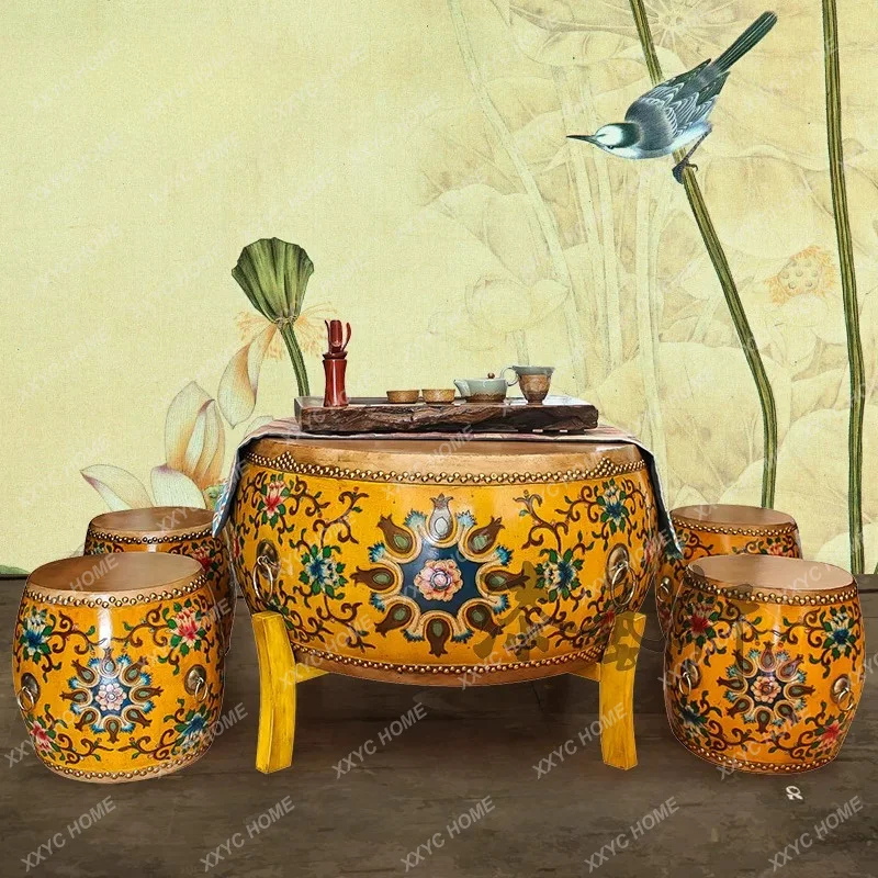 Personalized and creative Kung Fu small apartment tatami drum coffee table round table (1 big drum and a pair of shelves)