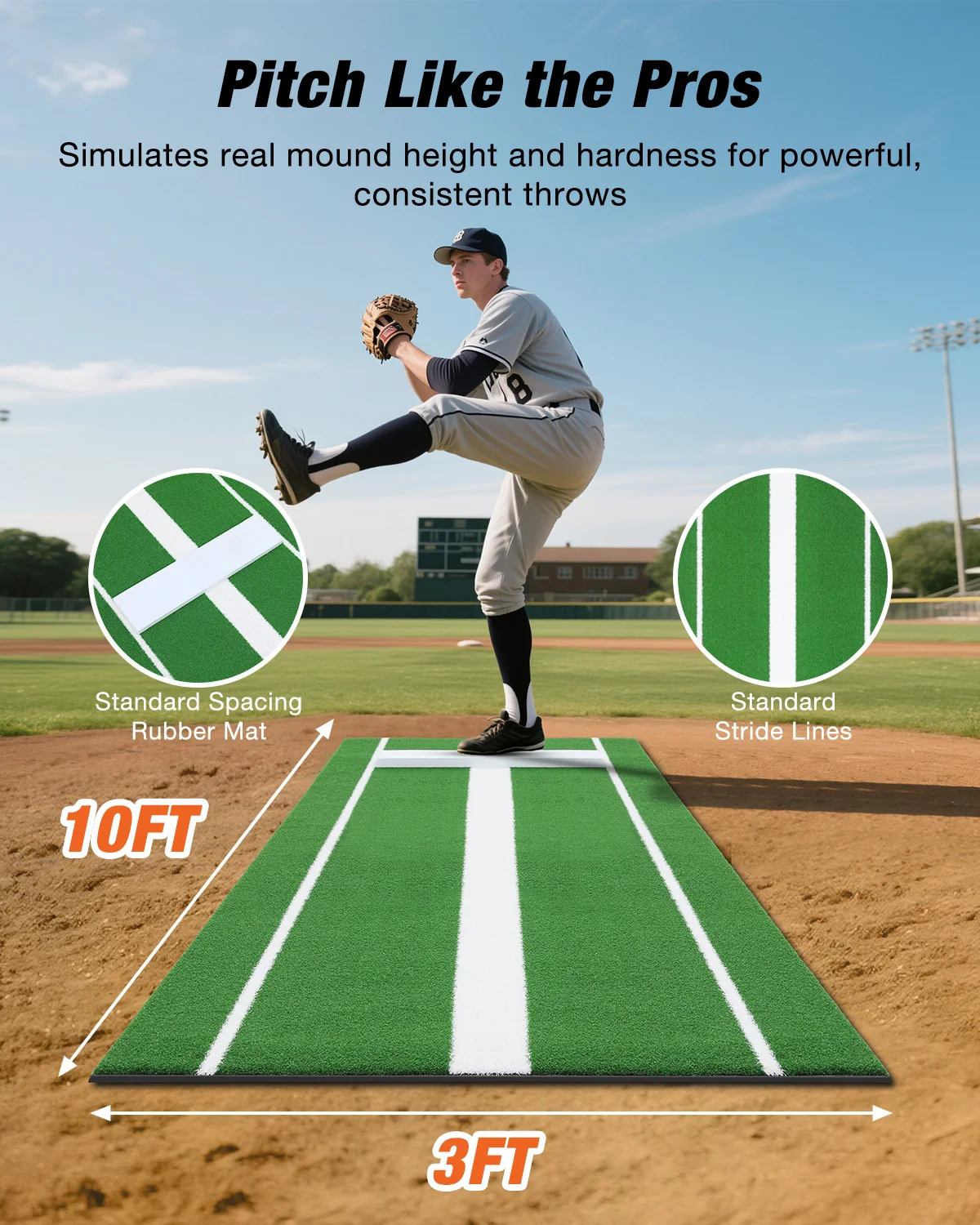 

10 x 3 FT Softball Pitching Mat Antifade Antislip Turf Training Aid Portable Baseball Training Mat