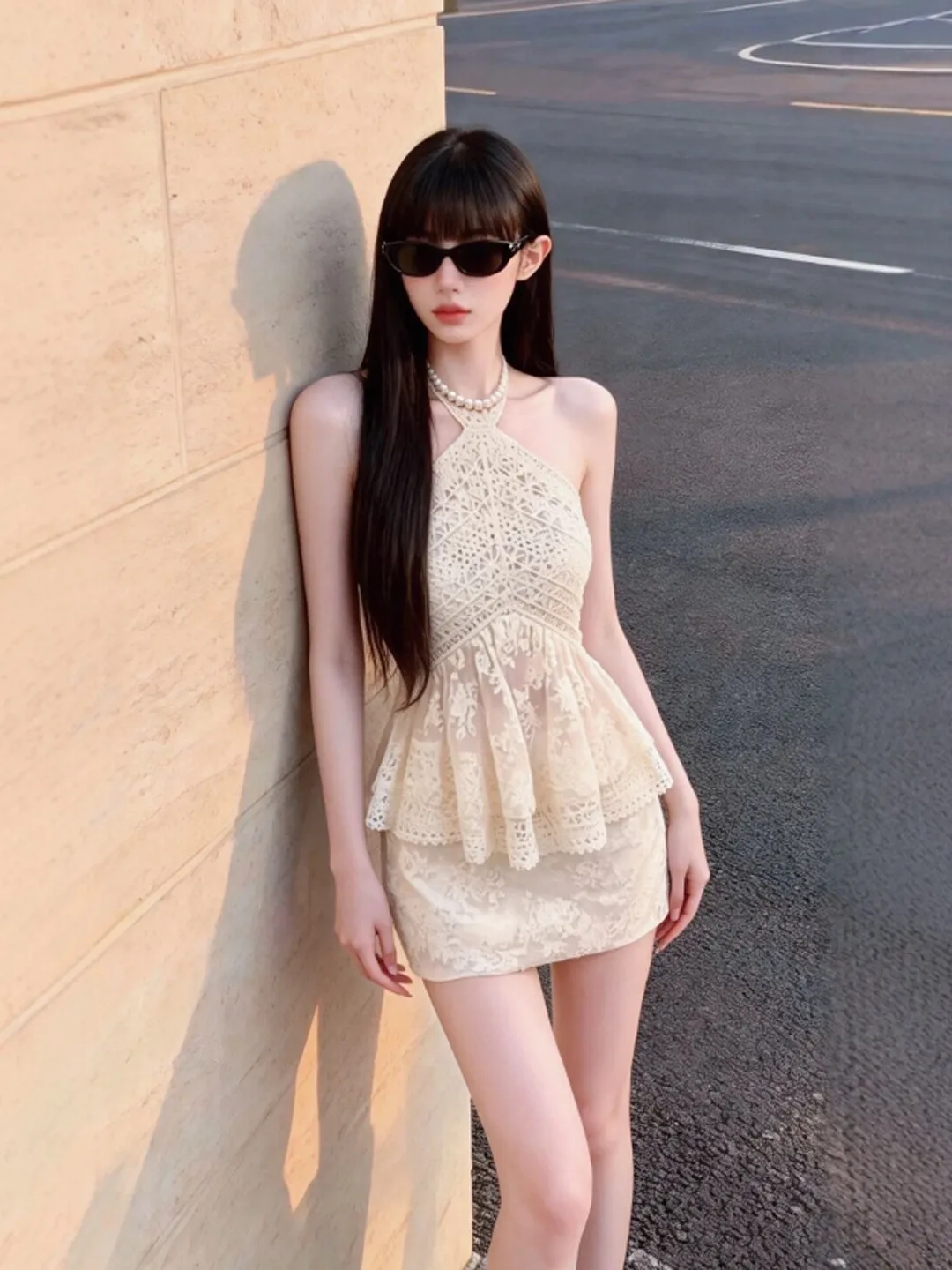 

Sexy Half-Skirt Strapless Neck Hanging Two-Piece Set Pure Desire Summer Fashion Outfit Short Sleeve round Neck Cotton Blend C...