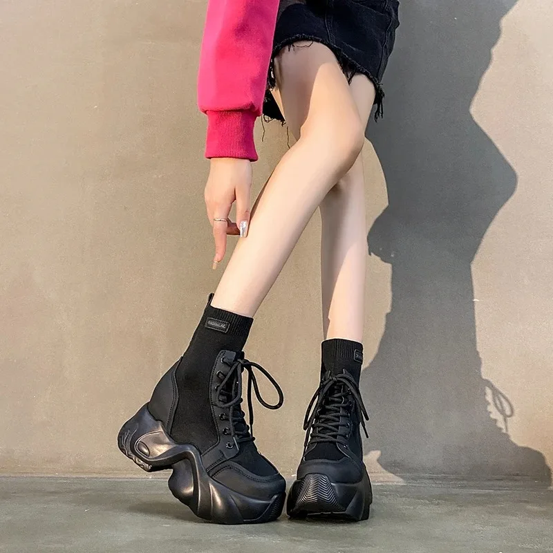 Spring Women Thick Sole Ankle Boots Autumn Luxury Platform Casual Boots Women\'s 7cm High Heels Wedge Boots Shoes Woman Sneakers