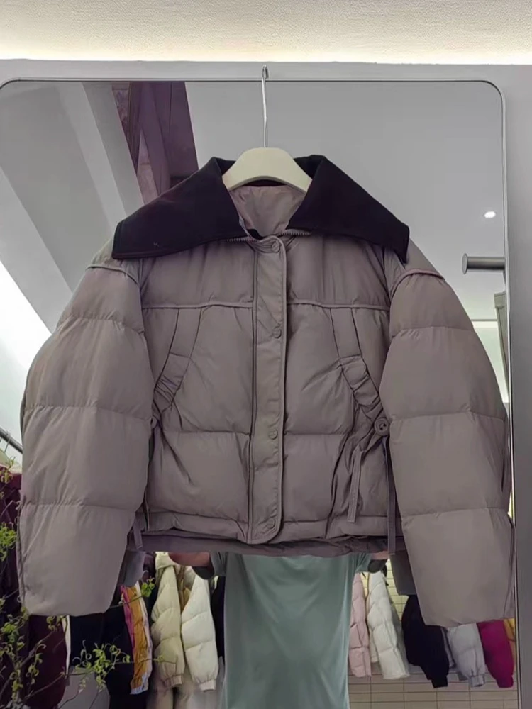 2025年冬新作 ダウンジャケット レディース 韓国風 カラーブロッキング スプライシング 厚手 ショート丈 ホワイトダックダウンコート