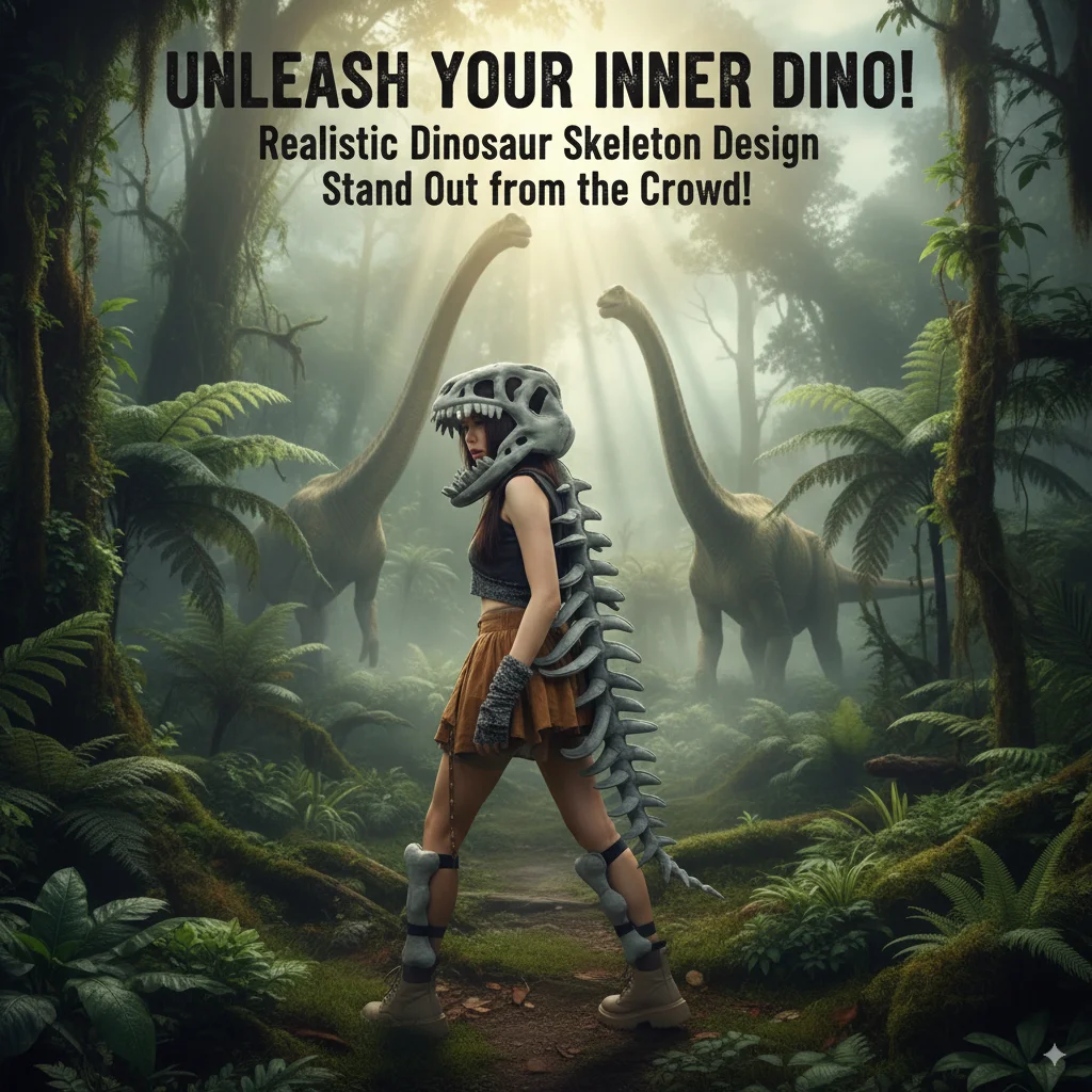 

Adult Dinosaur Skeleton Costume 3D Plush Skull Headgear Halloween Cosplay Realistic Dinosaur Outfit Party Carnival Dress Up