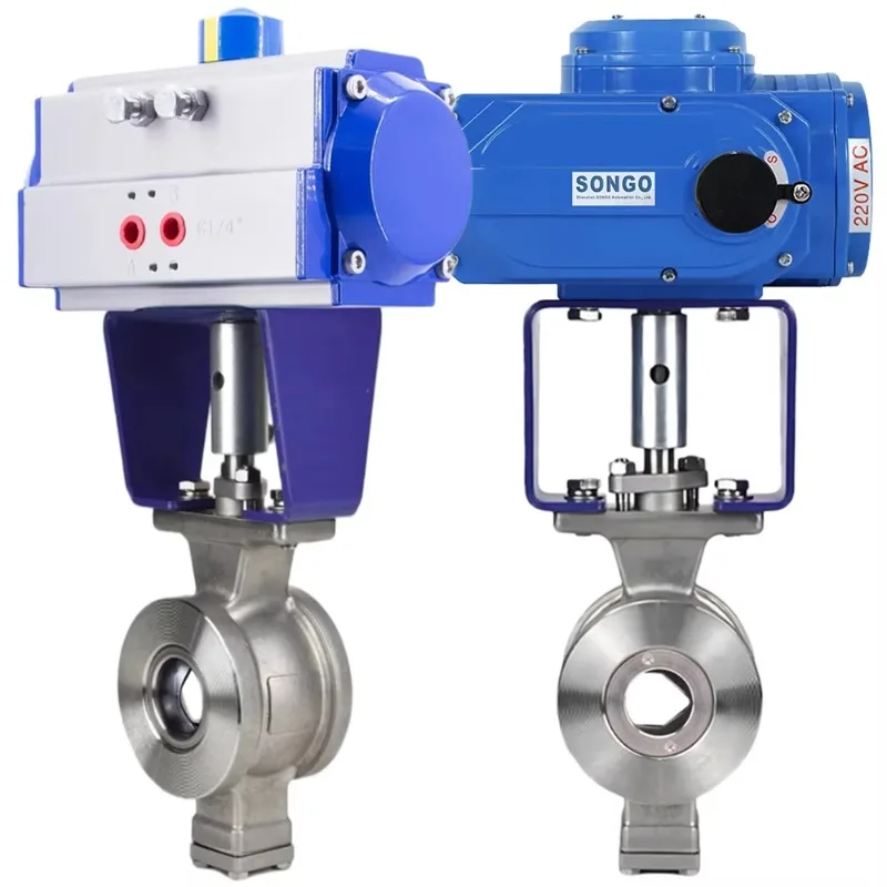 DN65 304 2 طريقة بمحركات الفولاذ المقاوم للصدأ رقاقة الصلب الزهر V نوع الجزء الكرة صمام مع المحرك الهوائي الكهربائي