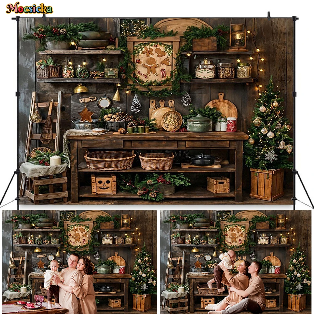 

Mocsicka Christmas Gingerbread Kitchen Background Photography Rustic Shelf Glitter Xmas Tree Backdrop Family Winter Photo Studio