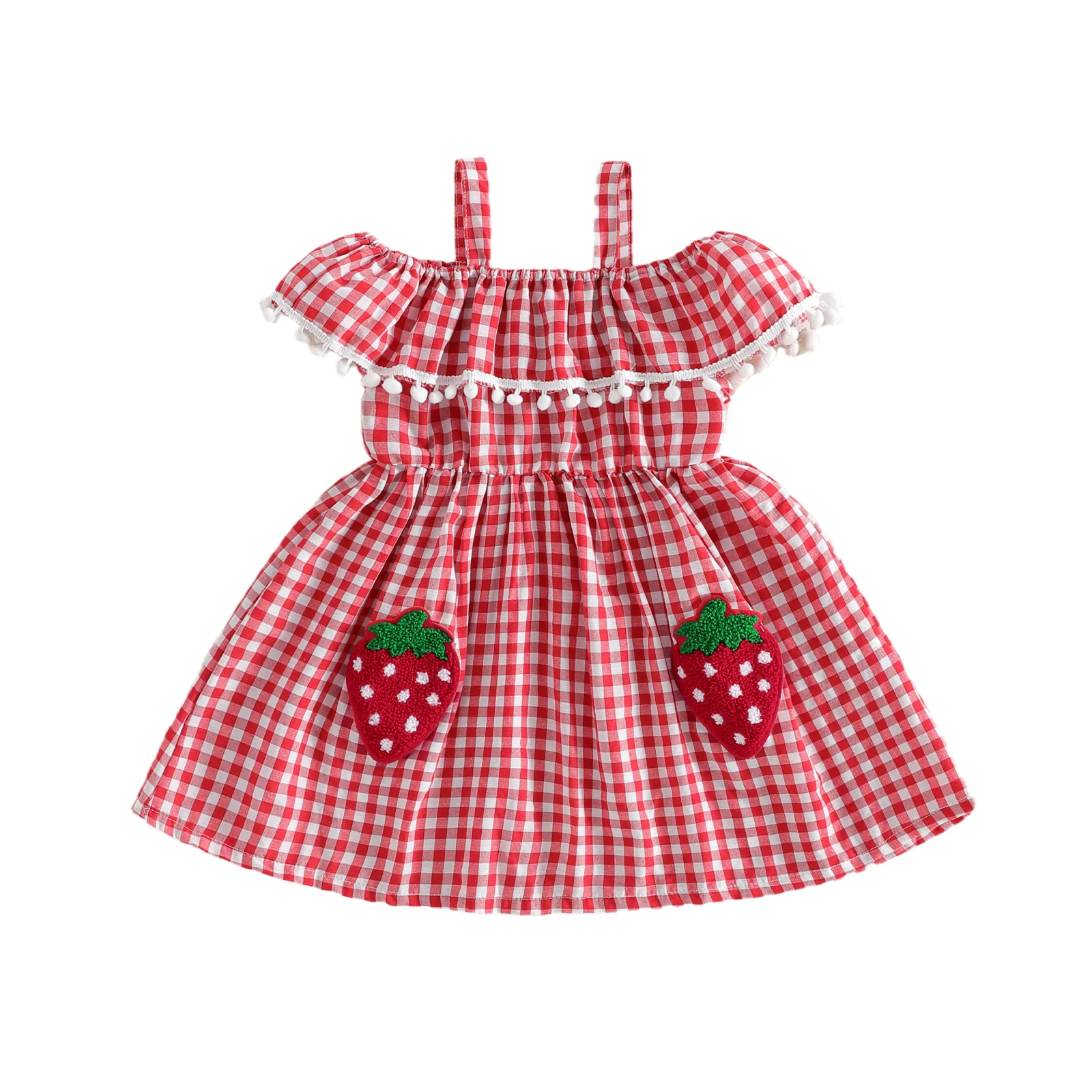 Girl’s Slip Dress Sleeveless Plaid Dress Embroidery Strawberry Summer A-line Dress Streetwear
