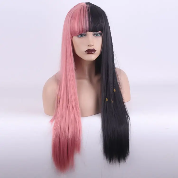 

Women Half Pink Black Two Tone Synthetic Long Straight Party Hair Wig