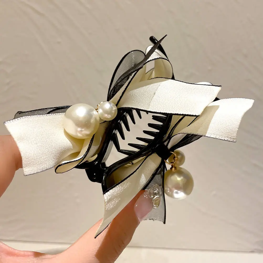 

Pearl Bow Hair Claw Clips for Women Elegant Satin Bow Hairpins Claw Clip for Thick Thin Hair Wedding Party Beach Travel Daily
