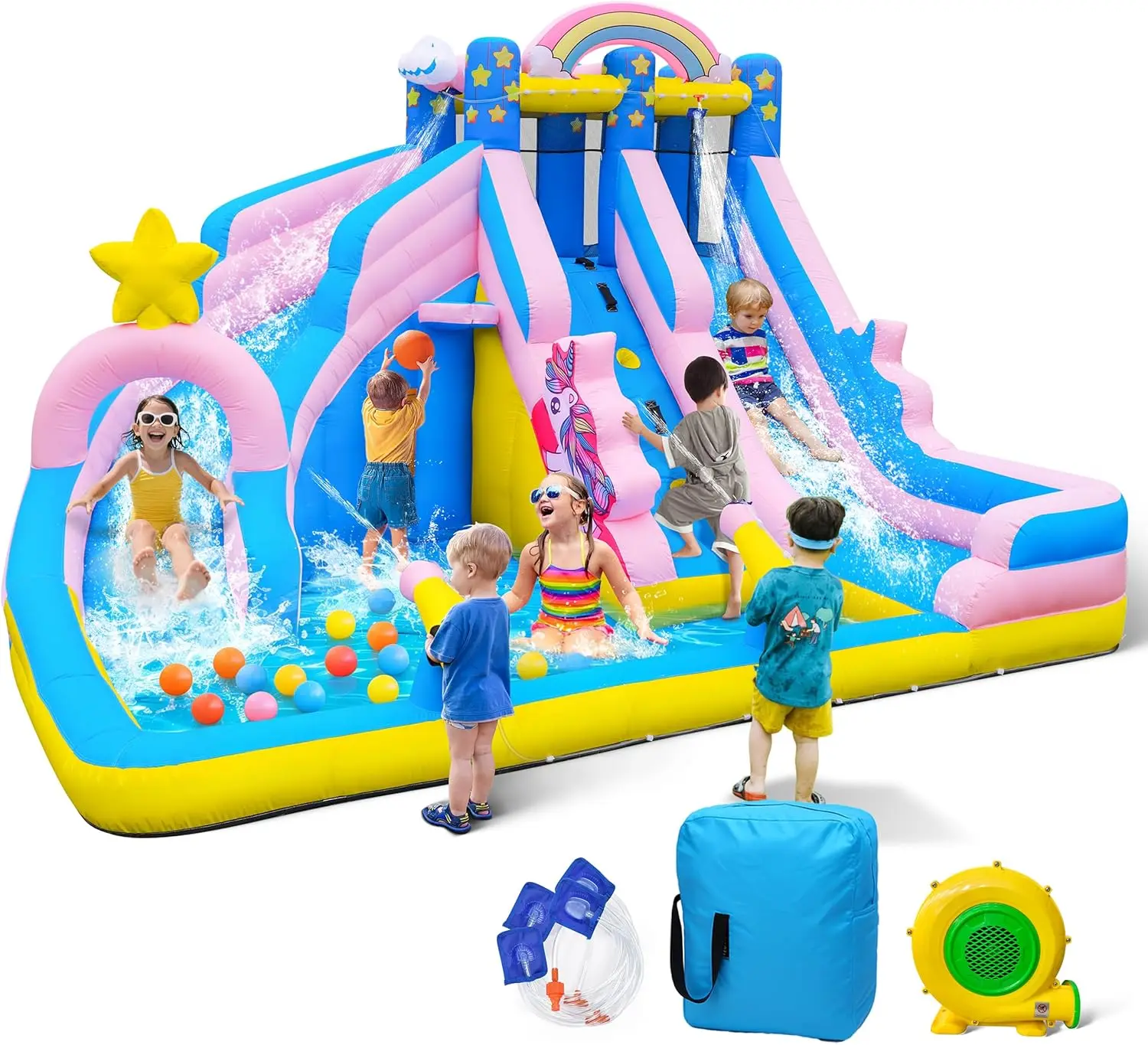 

Надувная водная горка: надувной батут 6-в-1 для детей 3-12 лет - стена для скалолазания, бассейн с водными брызгами, 2 горки, баскетбольное кольцо - 5