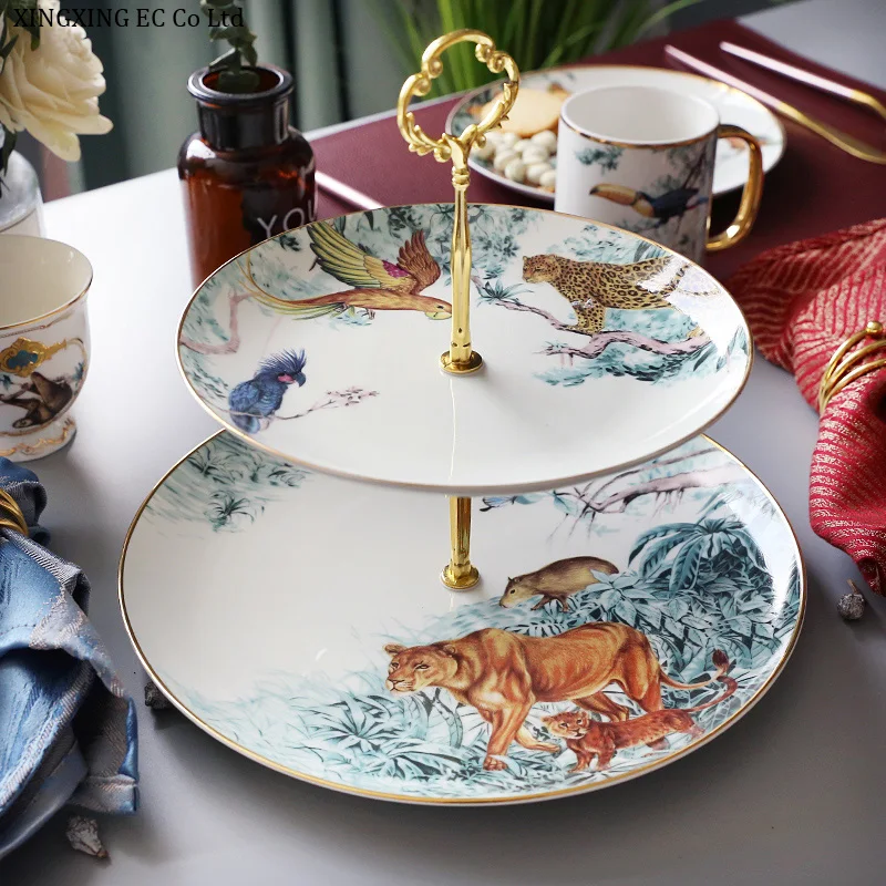 

Household Tableware Dessert Plate Jungle Animal Double-layer Gilt Bone China Tray Afternoon Tea Wedding Decoration Cake Stand