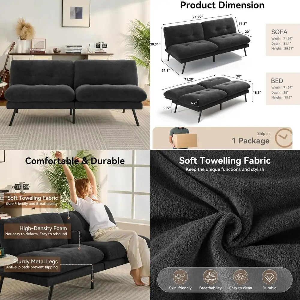 Plush Terry Cloth Futon Sofa Bed with Adjustable Backrest and Detachable Cushions - Modern Convertible Couch Bed for Comfortable