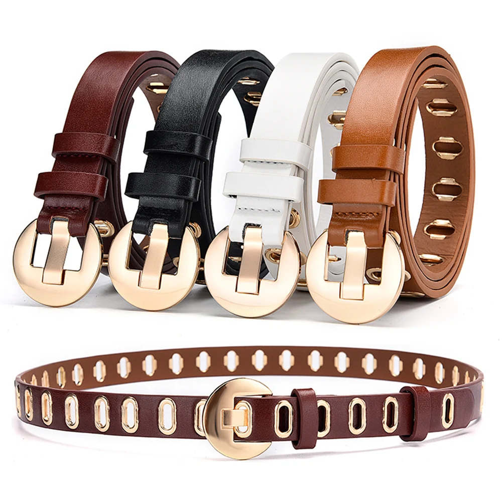 Women's Goth Belts Hollow-out Round Metal Buckle Fashion PU Leather Gothic Punk Style Black Khaki White Brown Belt Ceinture