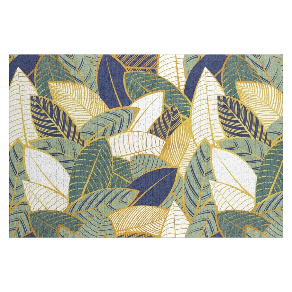 Leaf wall // navy blue pine and sage green leaves golden lines Jigsaw Puzzle For Children Custom Jigsaw Puzzle