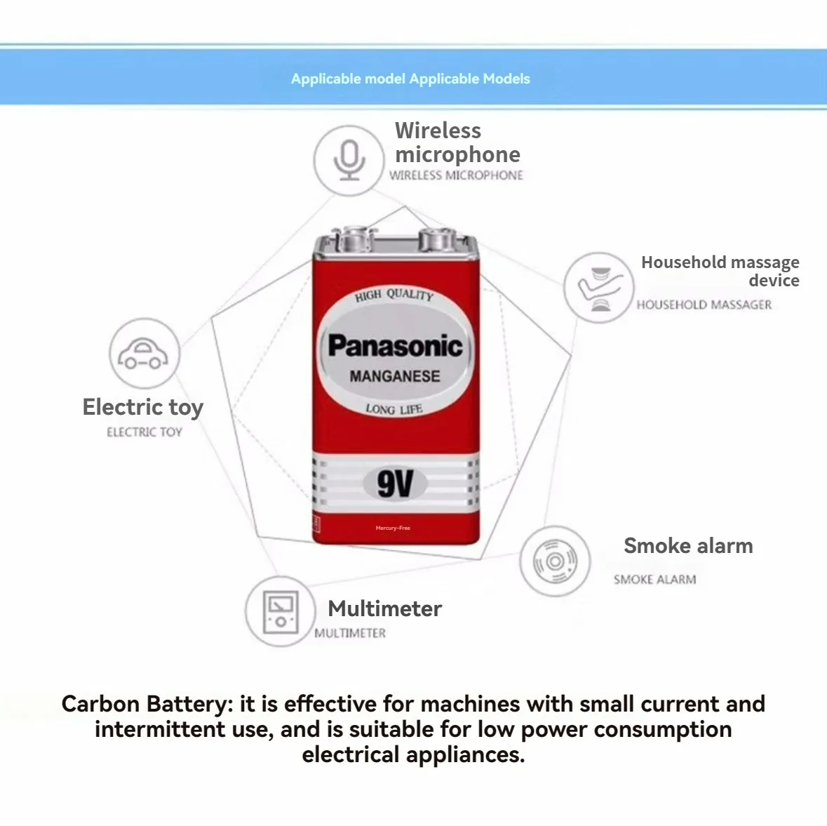 Panasonic 9V 6F22 Alkaline Battery for Alarm Wireless Microphone Mercury Free Long working life