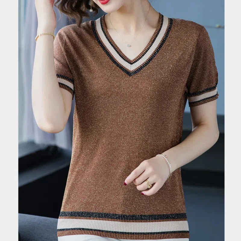 Women's Summer Pullover V-Neck Short Sleeve Contrast Color Screw Thread Sweater Knitted Casual Thin T-shirt Fashion Tops