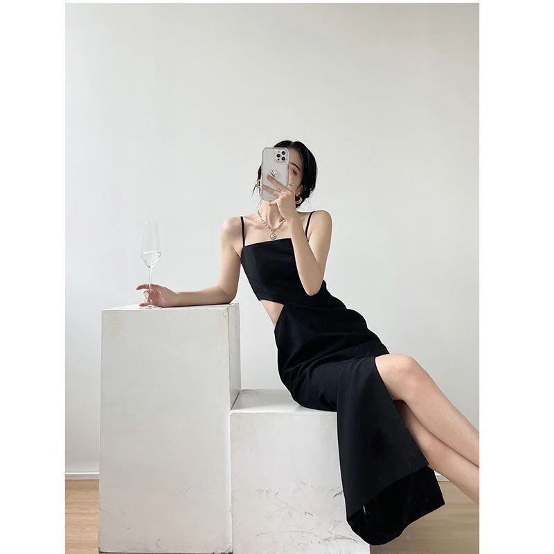 

Party Prom Slip Dress Sexy Split Slim Tunic Sleeveless Women Harajuku Fashion Korean Hollow Out Black Evening 2023 Midi Dresses