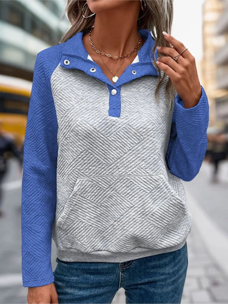 

Одежда контрастного цвета 2025 года для женщин, топы, пуловер с длинными рукавами, свободный воротник-поло, универсальная домашняя одежда в простом стиле для поездок на работу